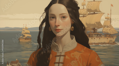 Renaissance old fashioned woman with an orange dress and golden earrings is posing in front of a seascape with ships sailing on the horizon; medieval pictorial digital portrait; classical style