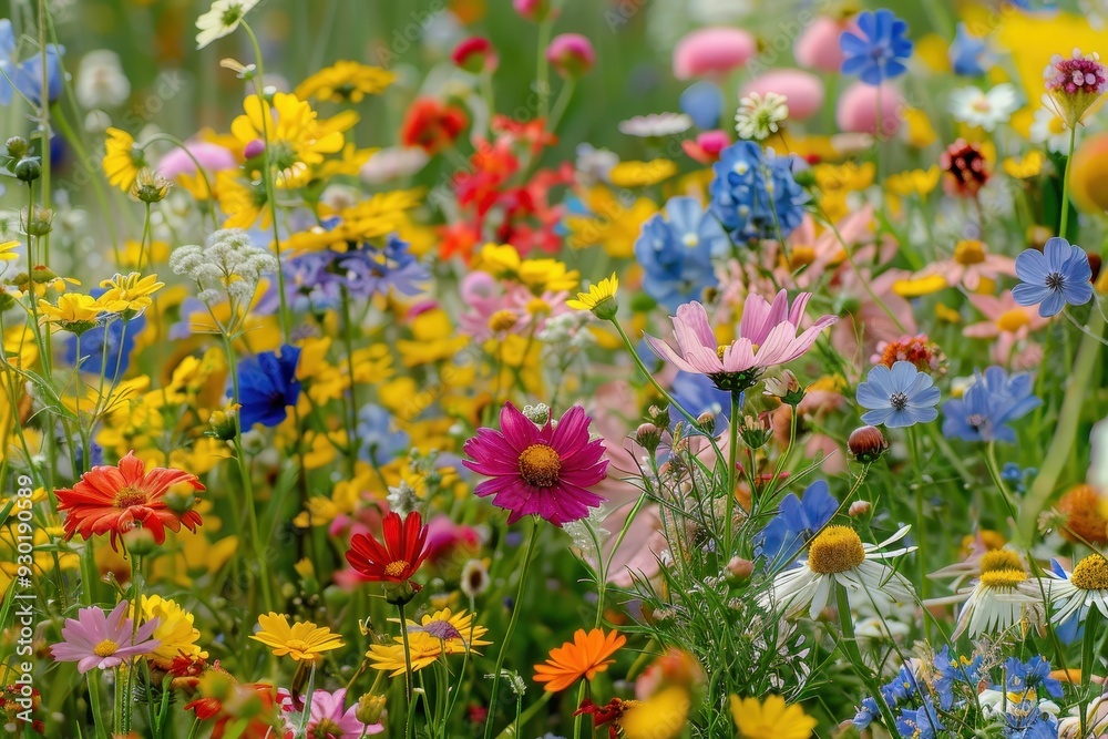 A field of wildflowers in full bloom, with a mix of colors and types creating a vibrant, natural tapestry A field of wildflowers in full bloom, with a mix of colors and types creating a vibrant, natural tapestry