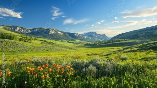 A vibrant landscape featuring rolling hills, wildflowers, and a clear blue sky.