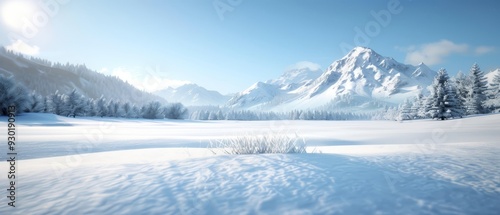  A snow-covered landscape featuring a distant mountain, pine trees in the foreground, and a tiny patch of grass