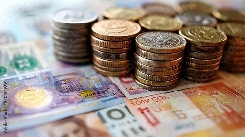 Euro coins and banknotes are displayed together, representing the diverse world of currency and international finance.