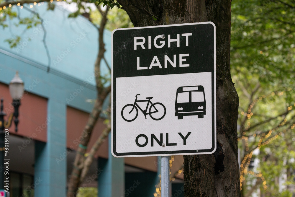 Fototapeta premium Bike lane only sign in the streets of Portland, Oregon