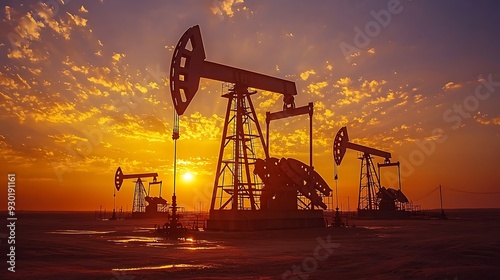 Oil rigs at sunset offer a striking visual of the energy infrastructure against a vibrant evening sky.