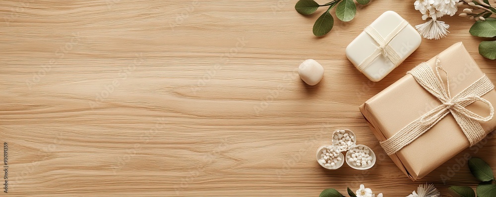 elegant 3d flat lay of spa gift set with empty space for text on light brown wood background elegant 3d flat lay of spa gift set with empty space for text on light brown wood background