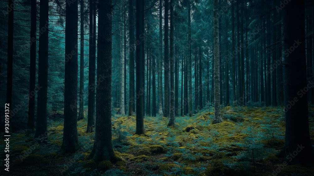 Obraz premium A dense, dark forest with towering trees and a carpet of mossy ground.