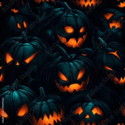 A close-up of many jack-o-lanterns with glowing orange eyes and mouths.