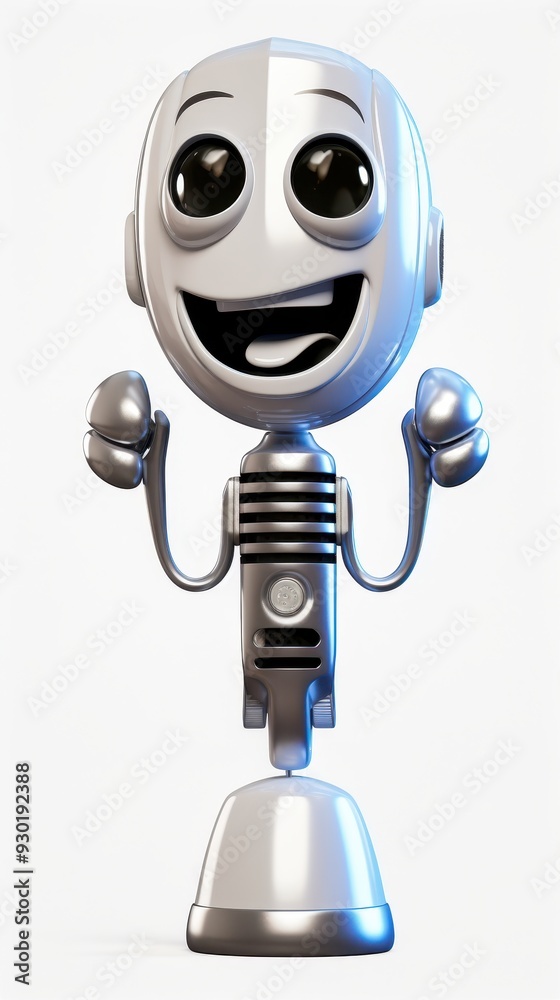 Naklejka premium A cheerful cartoon robot figure celebrates with open arms in a minimalist setting