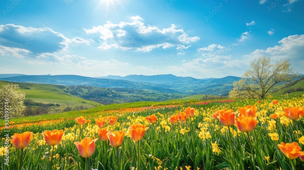 A vibrant landscape filled with colorful tulips and daffodils under a sunny sky. A vibrant landscape filled with colorful tulips and daffodils under a sunny sky.