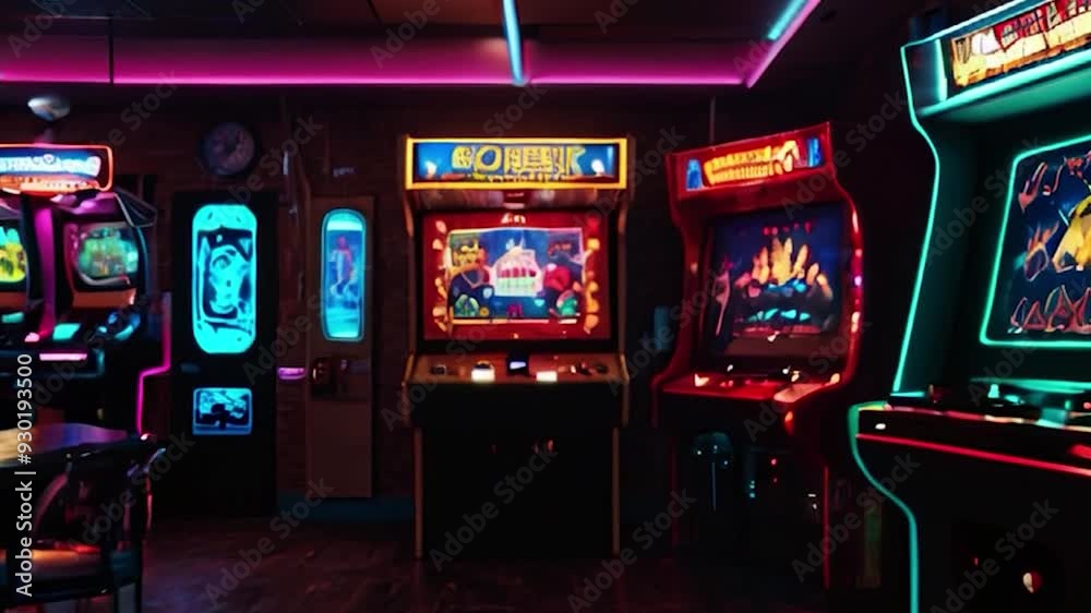 Retro Arcade Room with Neon Lights and Classic Arcade Games
