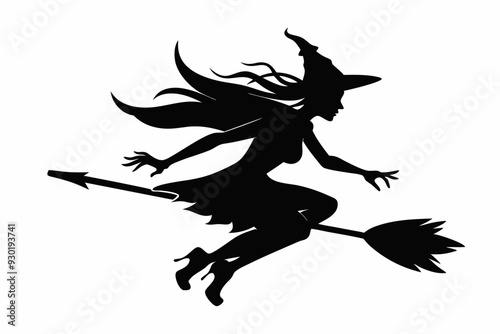 witch flying on a broomstick silhouette on white background