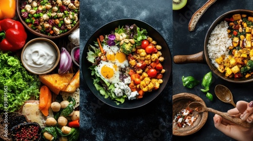 Three plates of food with a spoon in the middle