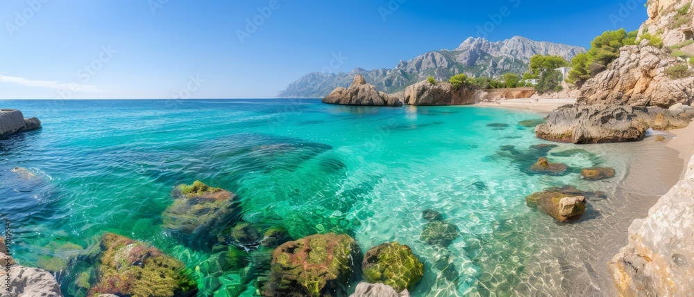 Fototapeta premium A beach featuring crystal-clear blue waters and rocky shoreline, with a cliff standing majestically on its opposite side