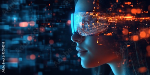 A school pupil wearing a VR headset interacting with AI-powered smart technology and machine learning in a library. The scene depicts interactive digital learning in a classroom environment, featuring