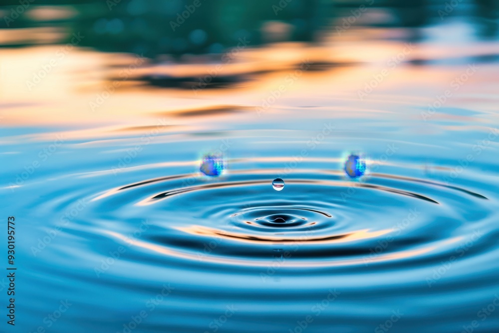 Ripples dance on a tranquil lake at sunset as a single droplet disrupts the serene water surface Ripples dance on a tranquil lake at sunset as a single droplet disrupts the serene water surface