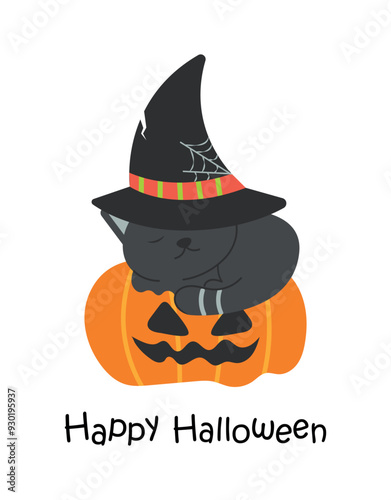 Kitten in witch hat sleeping on pumpkin for Halloween card. design Happy Halloween holiday