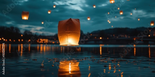 Lanterns floating over water in serene night scene photo