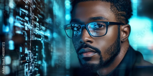 An ultra-realistic, editorial photo of a female cybersecurity analyst examining AI cyberspace threats on a computer screen in a dark, digital tech office or data center. The scene features blue lighti