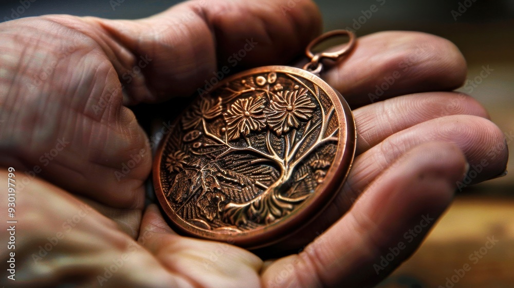 A hand holding a metal object with a tree design A hand holding a metal object with a tree design