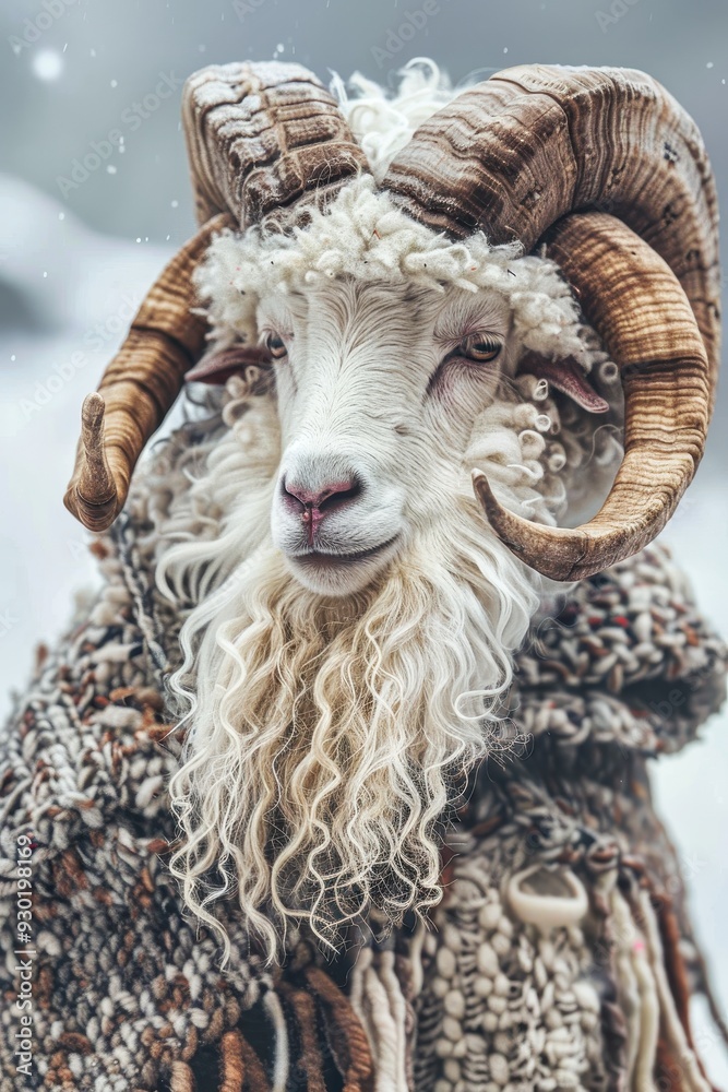 A majestic ram adorned in a cozy woolen cloak stands proudly in the softly falling snow of a serene winter landscape