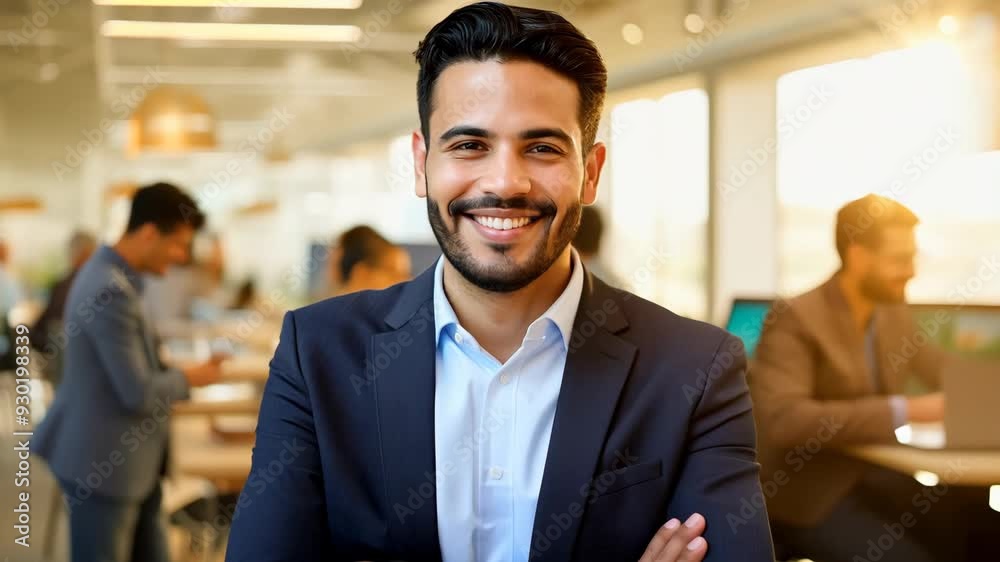 A man in a suit is smiling and posing for a picture in a busy office. Scene is professional and confident A man in a suit is smiling and posing for a picture in a busy office. Scene is professional and confident