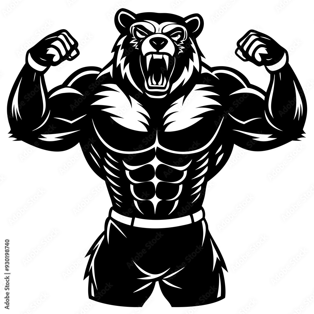 Fototapeta premium A ferocious bear athlete posing black art vector illustration