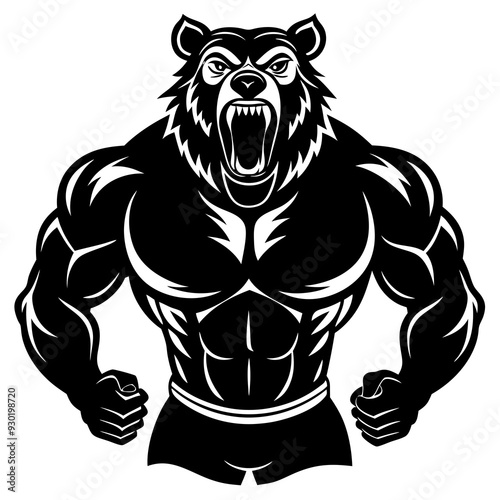 A ferocious bear athlete posing black art vector illustration