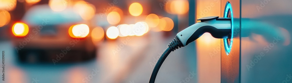 Close-up of an electric car charging connector plugged into a station with blurred traffic lights in the background at dusk. Close-up of an electric car charging connector plugged into a station with blurred traffic lights in the background at dusk.