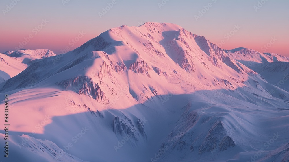 Snow-covered mountain range at dawn with pink and purple hues illuminating the peaks