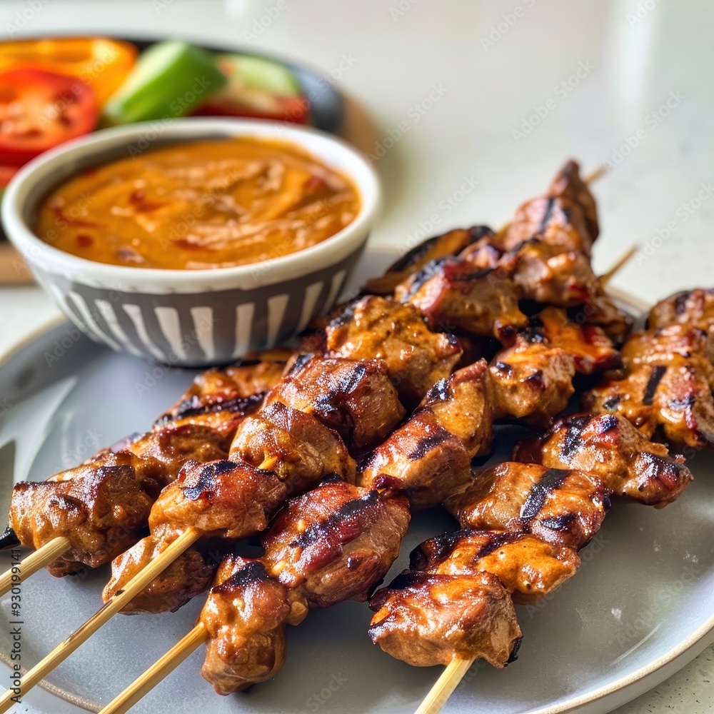 Grilled kebabs with spicy dipping sauce and fresh vegetables on a summer day