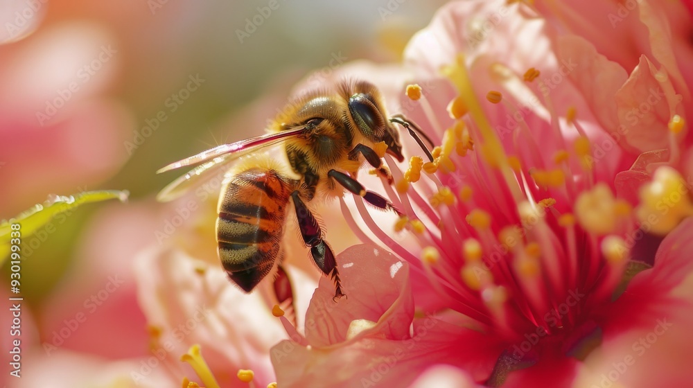 close-up of a honey bee on a pink peach blossom, macro photography, natural lighting, vibrant colors, detailed textures close-up of a honey bee on a pink peach blossom, macro photography, natural lighting, vibrant colors, detailed textures