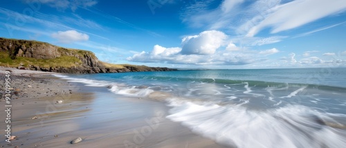 waves gently rolling in and out, caressing the shore; a towering cliff standing steadfast in the backdrop