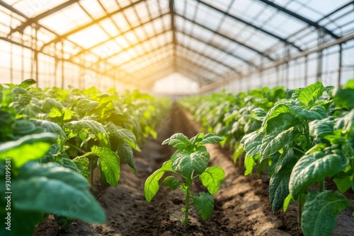 Sunlit greenhouse with thriving vegetable crops showcasing the potential of sustainable agriculture and organic farming