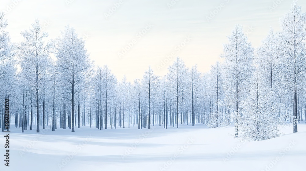 Snow-covered trees in a tranquil winter landscape under soft, pale light at dawn Snow-covered trees in a tranquil winter landscape under soft, pale light at dawn