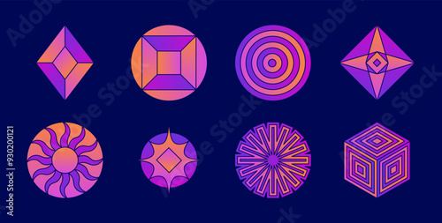 Vector retro futuristic neo grunge elements for print and graphic designs, abstract shapes y2k, figures, wireframe, flames, tattoo gothic style, stickers, stars, hearts and logo templates