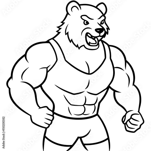 A ferocious bear athlete posing line art vector illustration