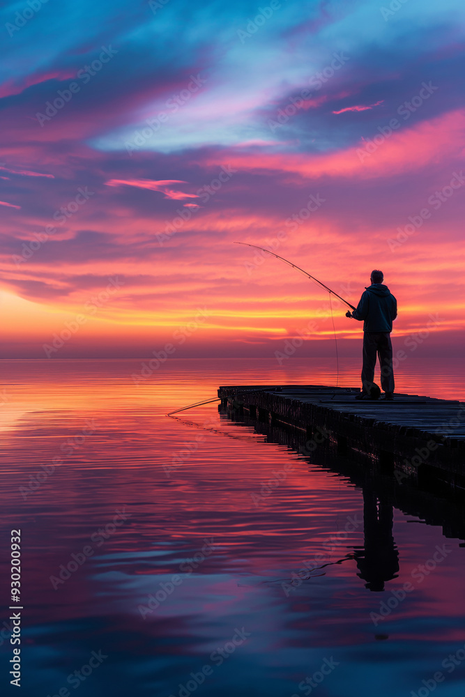 Silhouette of a fisherman at sunrise, casting a fishing rod from a wooden pier, with the colorful sky reflecting on calm water. Silhouette of a fisherman at sunrise, casting a fishing rod from a wooden pier, with the colorful sky reflecting on calm water.