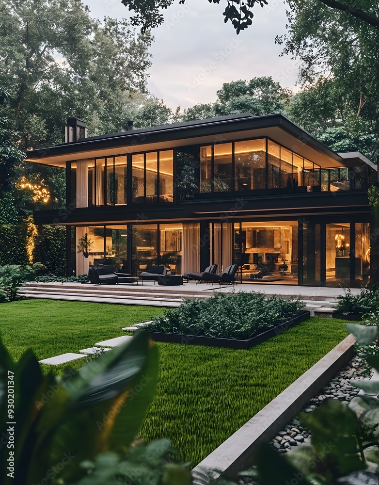 Obraz premium Modern House with Large Windows Surrounded by Greenery