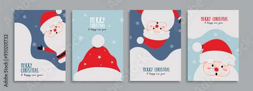 Christmas greeting card set. Cute Santa Claus with Merry Christmas and Happy new year text. Vector Design