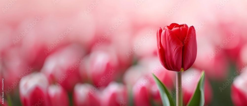 A red tulip, focused in the foreground, amidst a sea of pink tulips with a softly blurred background A red tulip, focused in the foreground, amidst a sea of pink tulips with a softly blurred background
