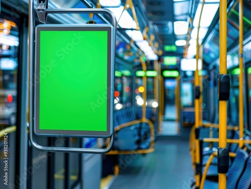 A vibrant bus interior with green screen device and empty seats during the golden hour