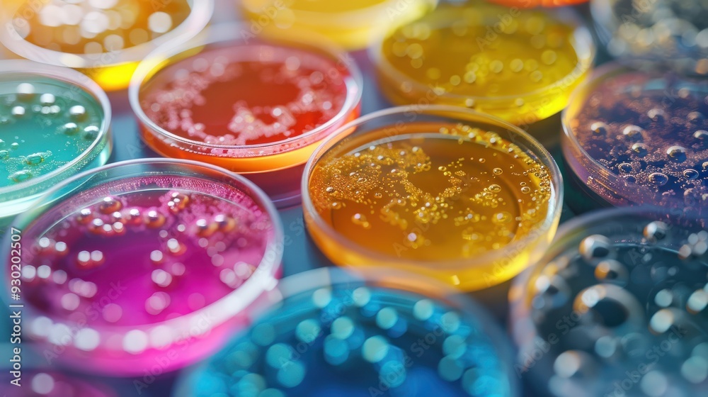 Petri dishes showcasing diverse microbial cultures (close up, experimental results, realistic, Silhouette, Sterile lab environment) Petri dishes showcasing diverse microbial cultures (close up, experimental results, realistic, Silhouette, Sterile lab environment)