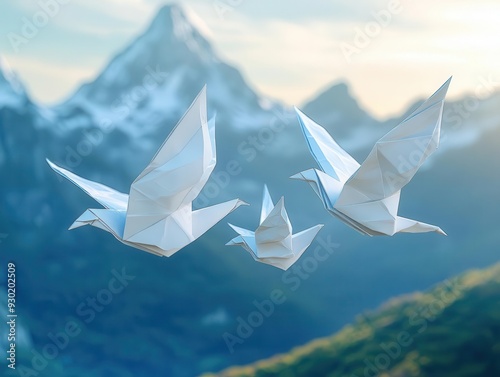 origami birds transforming into soaring eagles symbolizing personal growth and success against a backdrop of inspiring mountain landscapes photo