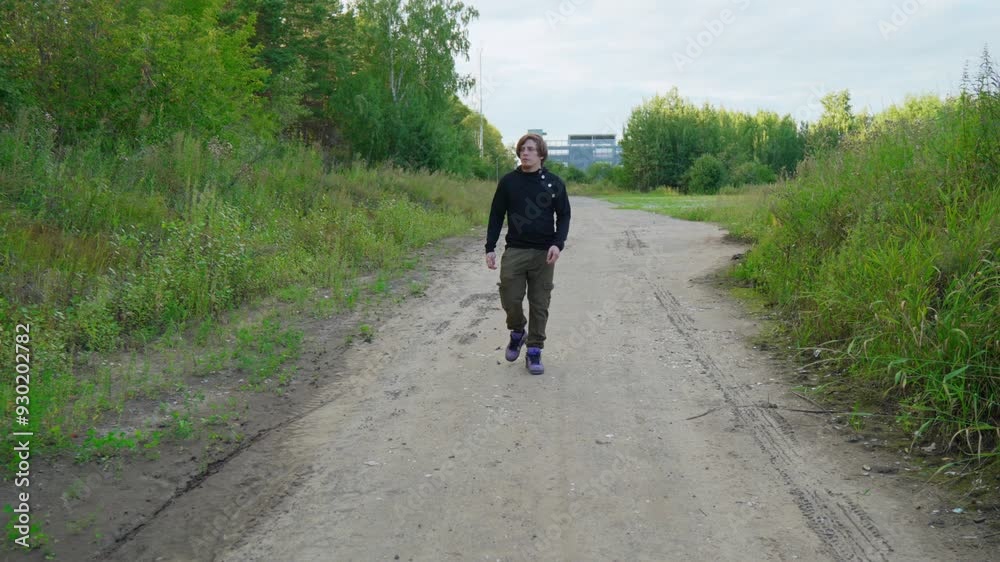 Man walking on a dirt path surrounded by greenery on an overcast day Man walking on a dirt path surrounded by greenery on an overcast day