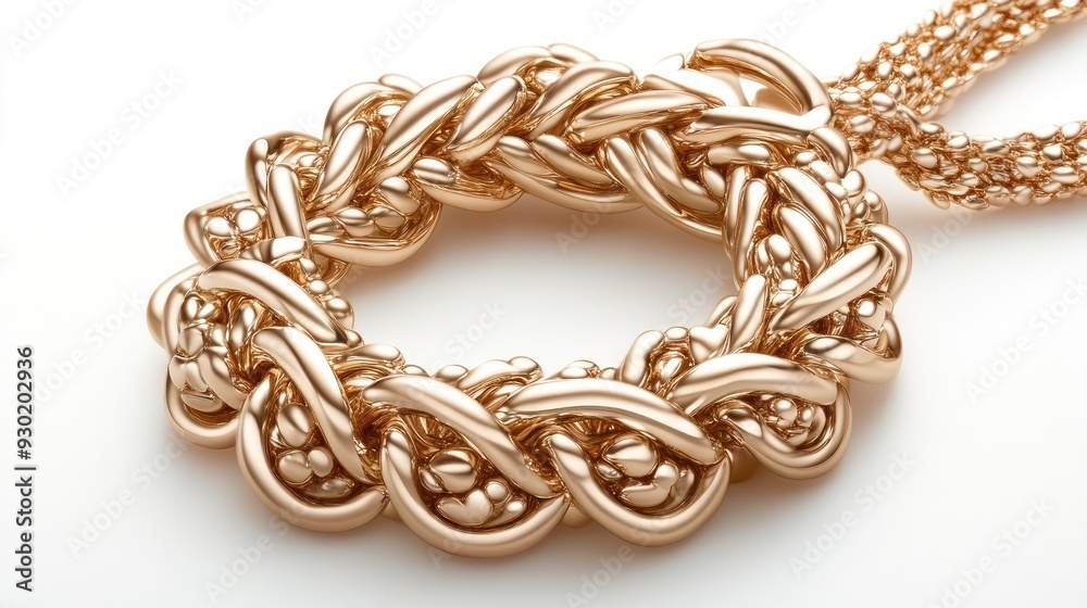 A beautiful gold necklace with heart-shaped pendants delicately arranged, showcasing elegance on a serene white background A beautiful gold necklace with heart-shaped pendants delicately arranged, showcasing elegance on a serene white background
