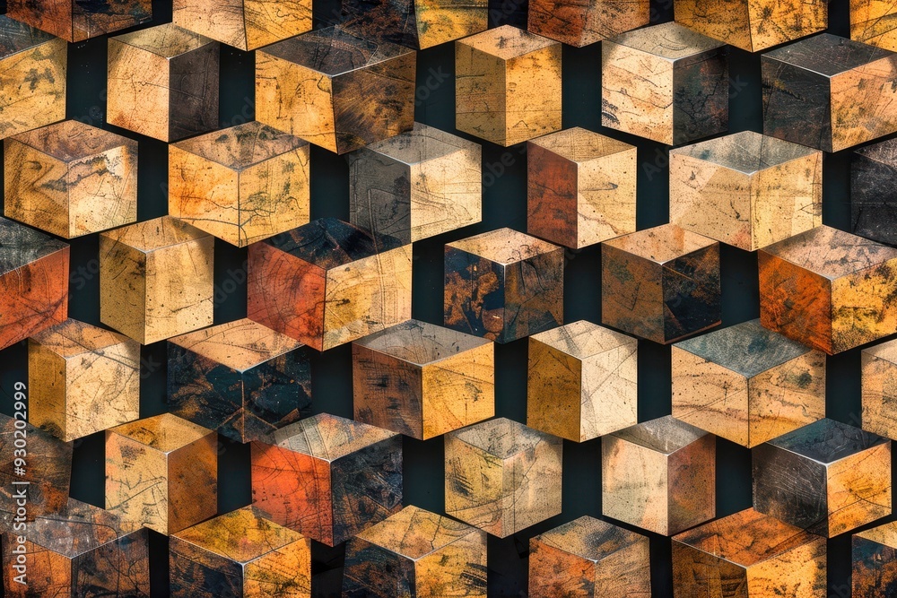 Textured cubes create a dynamic pattern in warm earth tones, illuminated by soft light in an abstract arrangement Textured cubes create a dynamic pattern in warm earth tones, illuminated by soft light in an abstract arrangement