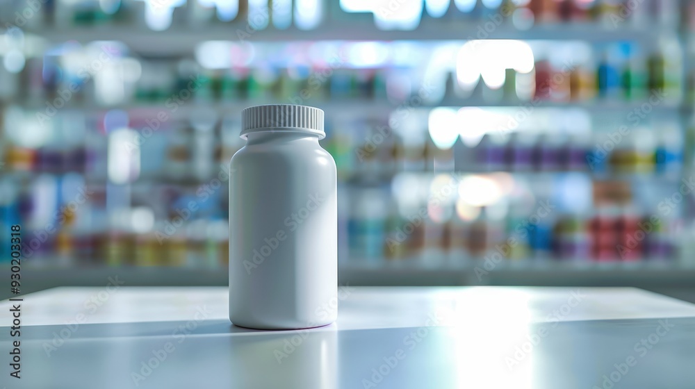 A solitary white pill bottle on a countertop amidst a blurred pharmacy backdrop, symbolizing health and wellness in a bustling atmosphere A solitary white pill bottle on a countertop amidst a blurred pharmacy backdrop, symbolizing health and wellness in a bustling atmosphere
