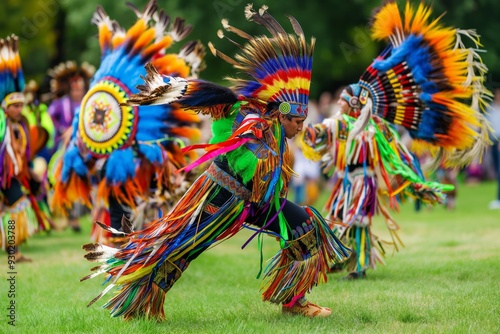 Traditional Native American powwow with dancers in colorful regalia performing in a circle, with vibrant feathers, beadwork, and drums.