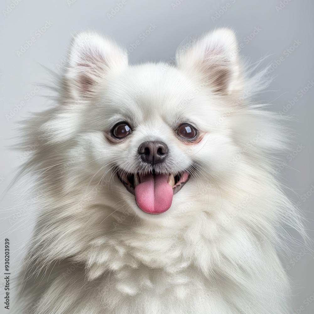 A fluffy white dog with a cheerful expression poses against a minimalist backdrop, showcasing its lighthearted personality and bright blue eye A fluffy white dog with a cheerful expression poses against a minimalist backdrop, showcasing its lighthearted personality and bright blue eye