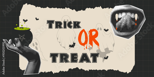 Sweet or nasty, retro collage poster, banner halftone , Vector