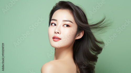 Portrait of a beautiful, sexy, smiling Asian woman with perfect skin, on a light green background, banner.